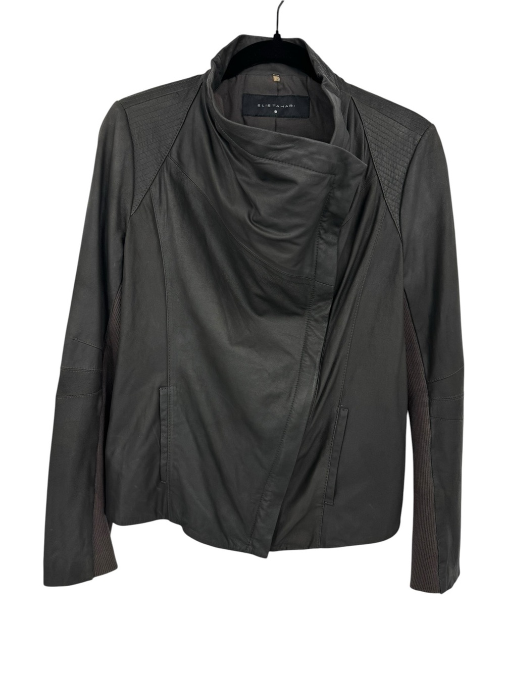 Elie Tahari Gray Genuine Leather Moto Jacket Asymmetric Zip M